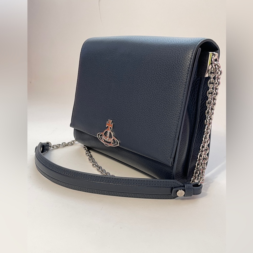 Vivienne Westwood LARGE DEBBIE BAG IN BLEU GRAINY SOFT LEATHER SILVER CHAIN NWT